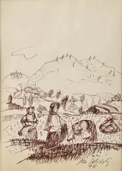 Ján Želibský, Krajina - zbieranie úrody, 1948, Kresba perom tušom na papieri