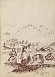 Ján Želibský, Krajina - zbieranie úrody, 1948, Kresba perom tušom na papieri