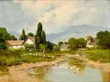 László Neogrády, Husiarka pri dedinskom rybníku, Okolo 1935, Olej na plátne