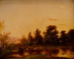 Géza Mészöly, Krajina s bocianmi, Okolo 1860, Olej na kartóne