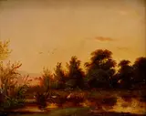 Géza Mészöly, Krajina s bocianmi, Okolo 1860, Olej na kartóne