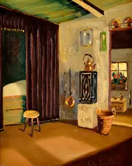 Fritz Jacobsen, V dedinskom interiéri, Okolo 1940, Olej na plátne