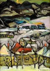 Vlak nad dedinou by Štefan Prukner, Okolo 1990, Olej na kartóne, sold Dec 2016