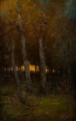Ladislav Mednyánszky, Západ slnka v lese, Okolo 1890, Olej na plátne