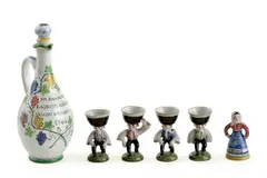 Štyria zbojníci - kalíšky, žena v šatke - kalíšok a džbán by Ignác Bizmayer, 1966, Glazovaná keramika, sold Oct 2016