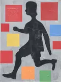 Donald Baechler, Five Color Abstraction with Running Figure, 2004, acrylic, fabric and paper collage on canvas