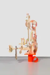 Aaron Curry, MUFF MOUTH, 2013, ink, silkscreen and spray paint on wood with painted aluminum base