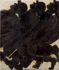 Three Men with Hats Walking #2 by Lester Johnson, 1968, oil on canvas, sold Sep 2020