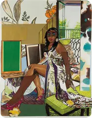 I've Been Good To Me by Mickalene Thomas, 2013, rhinestones, acrylic, enamel, silkscreen and oil on panel, sold Dec 2020