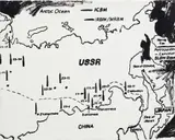 Map of Eastern U.S.S.R. Missile Bases (positive) by Andy Warhol, 1985-1986, synthetic polymer paint and silkscreen ink on canvas, sold Dec 2020