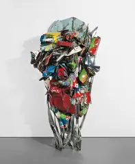 John Chamberlain, Los Ang Us, 1988, painted and chromium-plated steel, wall leaning