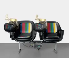 Music is Not Sound by Nam June Paik, 1988, single-channel video system, acrylic on 2 TV-chairs with 9" color monitors, 2 cymbals, mallet, 2 found bust sculptures a, offered Dec 2020