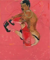 Bend by Jonathan Lyndon Chase, 2018, acrylic, marker, graphite and glitter on cotton bed sheet, sold Dec 2020