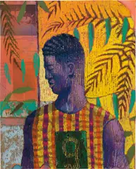 Derek Fordjour, No. 29, 2017, oil pastel, charcoal, acrylic, cardboard and carved newspaper mounted to canvas