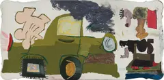 SoiL Thornton, Park on Log on Lawn Mower, Smash, 2013, acrylic, spray paint and collage on wood