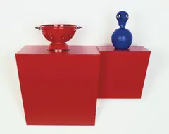 Untitled (strainer, soap dispenser) 2A by Haim Steinbach, 2009, plastic laminated wood shelf, enamel and steel strainer and plastic and resin soap dispenser, offered Dec 2020