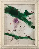 Julian Schnabel, Mi Vida es una Cumbre de Mentiras (Green Resin Picture), 1994, oil, resin, gesso, leather on canvas, in artist's frame