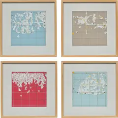 Rivane Neuenschwander, Carta d'Agua (Rain Map), 2007, acrylic and rain drops on road maps, in 4 parts, in artist's frames