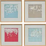 Rivane Neuenschwander, Carta d'Agua (Rain Map), 2007, acrylic and rain drops on road maps, in 4 parts, in artist's frames