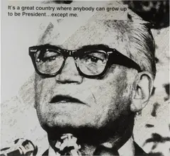Lutz Bacher, JOKES, Barry Goldwater (It's a Great Country), 1987, distressed black and white photograph mounted to aluminum
