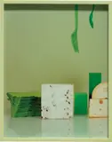Elad Lassry, Truffle Goat Cheese, Emmentaler, Fork and Spoon, 2010, chromogenic print, in artist's frame