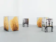 Urs Fischer, Pineapple / Melon, 2010, silkscreen print on mirror-polished stainless steel sheets, polyurethane foam sheets, two-component polyurethane adhesive, stainless steel beams, aluminum L sections and screws, in 4 parts