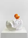 Tony Matelli, Head (Orange), 2020, plaster, polyurethane, painted bronze and stainless steel