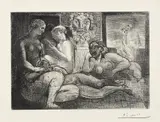 Pablo Picasso, Quatre femmes nues et tête sculptée (Four Nude Women and a Carved Head), plate 82, from La Suite Vollard, 1934, Etching, on Montval laid paper watermark Vollard, with full margins