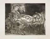 Pablo Picasso, Garçon et dormeuse à la chandelle (Boy and Sleeping Woman by Candlelight), plate 26 from La Suite Vollard, 1934, Etching, engraving and aquatint, on Montval paper watermarked Montgolfier , with full margins