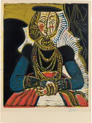 Pablo Picasso, Portrait de jeune fille, d’après Cranach le Jeune (Portrait of a Young Woman, After Cranach the Younger), 1958, Linocut from five blocks in colors, on Arches paper, with full margins