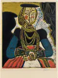 Portrait de jeune fille, d’après Cranach le Jeune (Portrait of a Young Woman, After Cranach the Younger) by Pablo Picasso, 1958, Linocut from five blocks in colors, on Arches paper, with full margins, sold Jul 2020