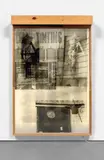Robert Rauschenberg, Sling-Shots Lit #6 (Black State), 1985, Monumental lightbox with lithograph in colors with screenprint, and assemblage with a sailcloth, Mylar, a fluorescent light fixture, aluminum, a moveable window shade system, and Plexiglas bars