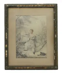 William Moore, Untitled, Portrait of a young boy beside a rocking horse watercolour over pencil