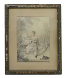 William Moore, Untitled, Portrait of a young boy beside a rocking horse watercolour over pencil