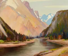 Bow River, Canada by Alfred R. Mitchell, oil on canvas, sold Apr 2017