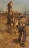 Maynard Dixon, Taming the New Bronc, 1908, gouache and graphite on paper mounted to card