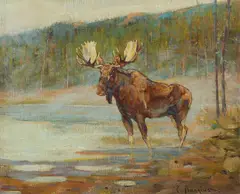 Moose, Upper Ram River by Carl Rungius, oil on canvas affixed to board, offered Apr 2017