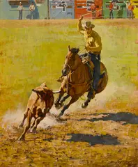 Howard Terpning, Steer Roping, 1975, oil on masonite