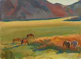 Maynard Dixon, Meadow and Horses, 1937, oil on canvas affixed to board
