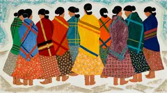 Barbara Latham, Navajo Women Waiting, oil, graphite and fabric on masonite