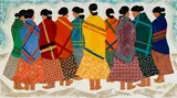 Barbara Latham, Navajo Women Waiting, oil, graphite and fabric on masonite