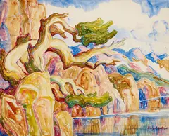 Birger Sandzén, Windswept trees beside a river, watercolor and graphite on paper