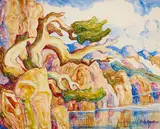 Birger Sandzén, Windswept trees beside a river, watercolor and graphite on paper