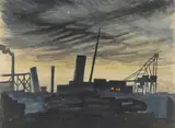 Charles E. Burchfield, Night Scene at Dock, watercolor, gouache and pencil on paper laid down on board