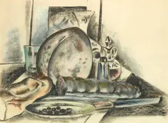 Preston Dickinson, Still Life with Condiments (The Provolone Cheese), circa 1925, pastel on paper laid down on paper