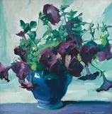 Jane Peterson, Purple Petunias, oil on canvas laid down on board