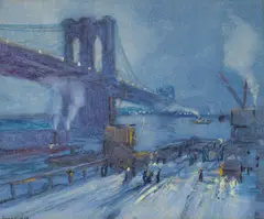 Jonas Lie, View of Brooklyn Bridge, New York, pastel on paper laid down on board