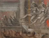 Reginald Marsh, Three Chorus Girls, Four Men in a Box, oil on canvas