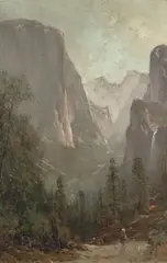 Thomas Hill, Riders leaving the Yosemite Valley with El Capitan and Bridalveil Falls beyond, oil on paper affixed to paperboard