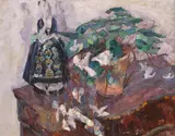 Joseph Raphael, Still life with figurine and flowers, oil on canvas